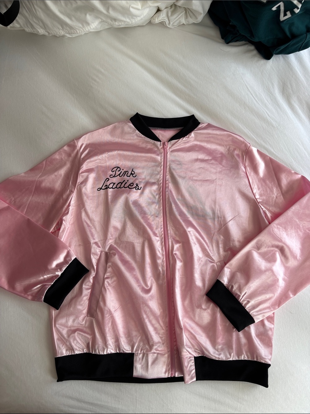 Ladies Pink Ladies Costume Bomber Jacket with Black Trim & Accessories - Picture 2 of 9